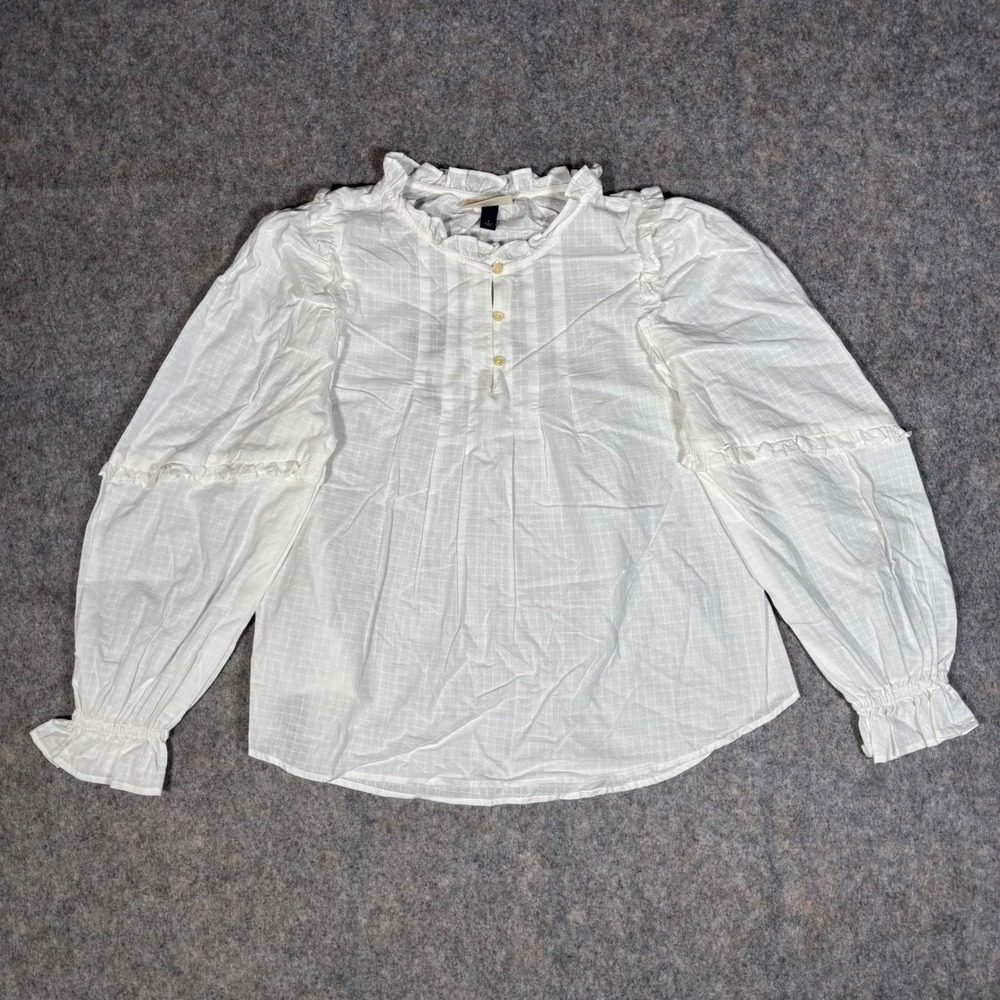 Universal Thread Ruffle‎ Blouse Womens Small White NEW Windowpane Balloon Sleeve
